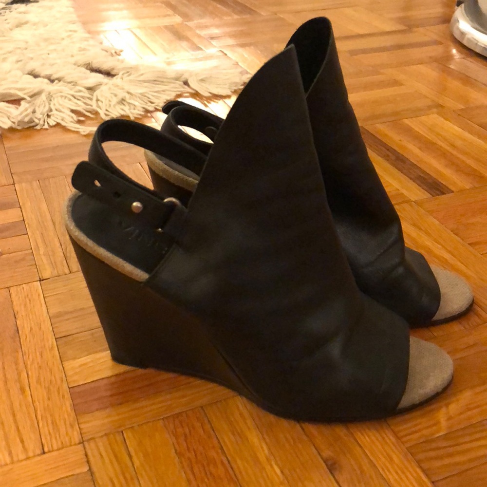 Vince black leather wedges